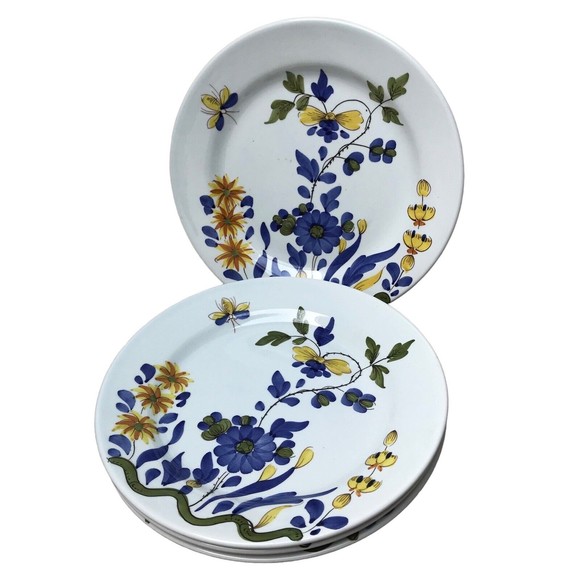 Vintage Italy 4 Hand Painted Salad / Dessert Plates Blue Yellow Floral Insect - Picture 4 of 6